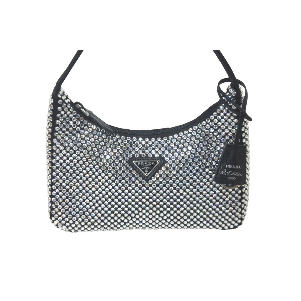 Prada Logo Crystal Triangle Satin Bag Hobo Black